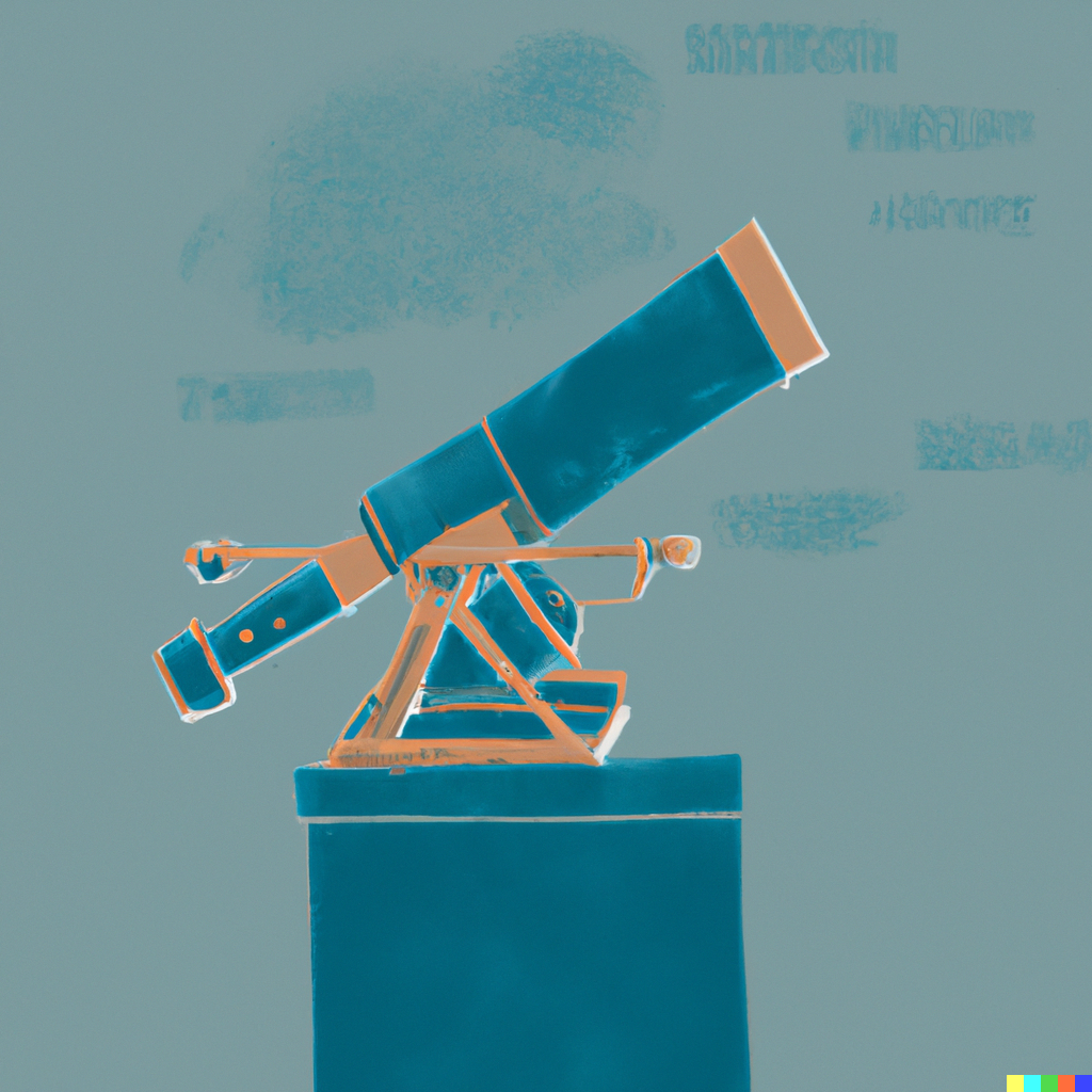 A vintage telescope standing on a table with a distorted colour scheme