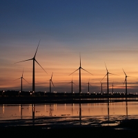 Windmills on the North Sea at sunset
