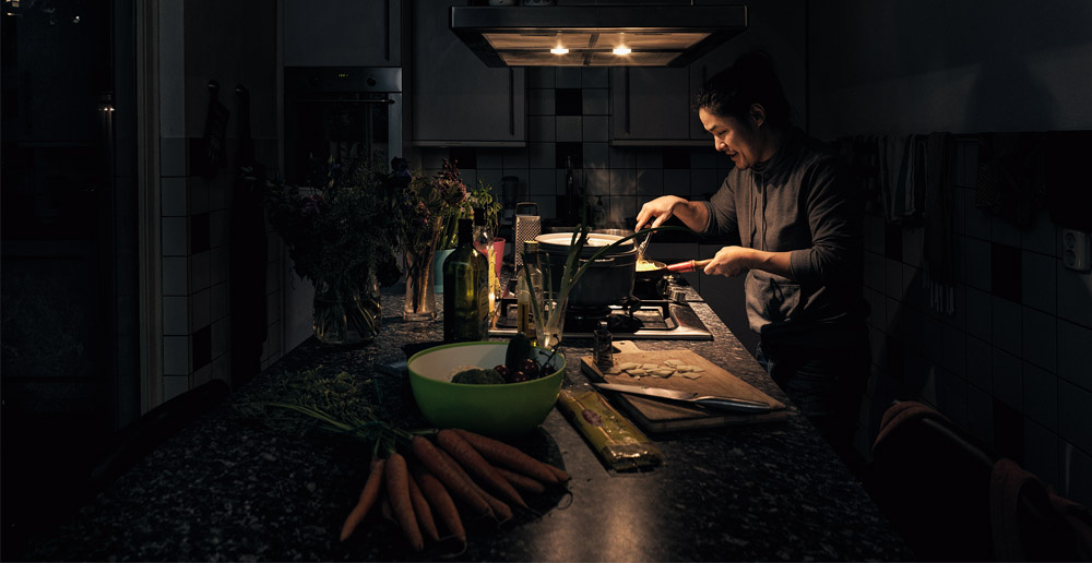 Mark Kawakami in his kitchen