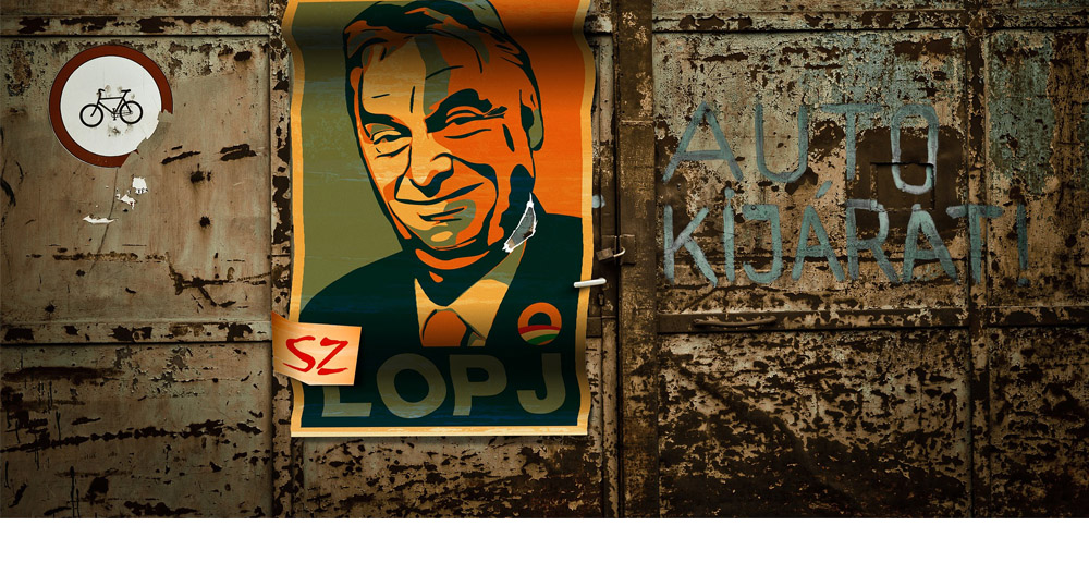 Wall with grafitti and Victor Orban poster