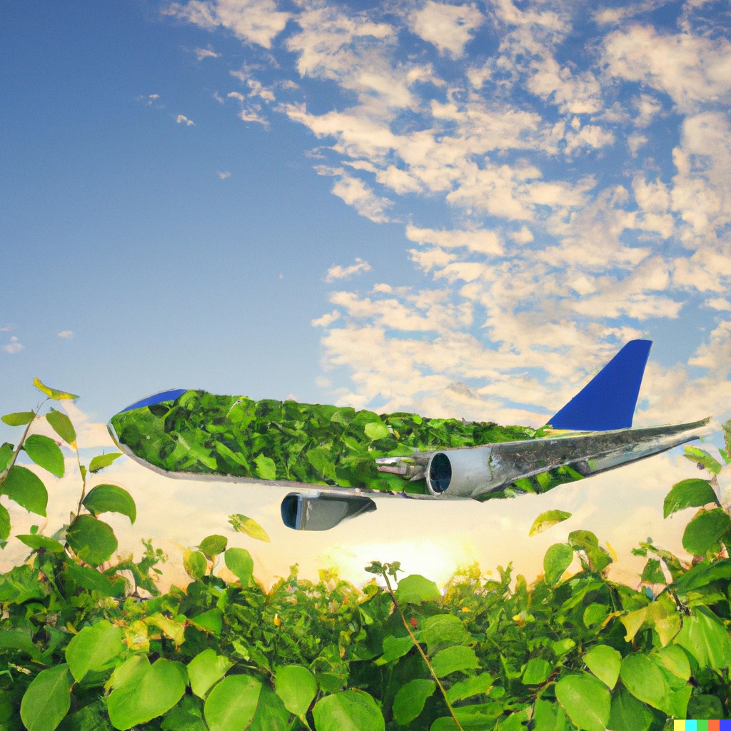 An AI generated image of an Airbus 707 based of many green leaves on a sunset from DALL.E on OpenAI