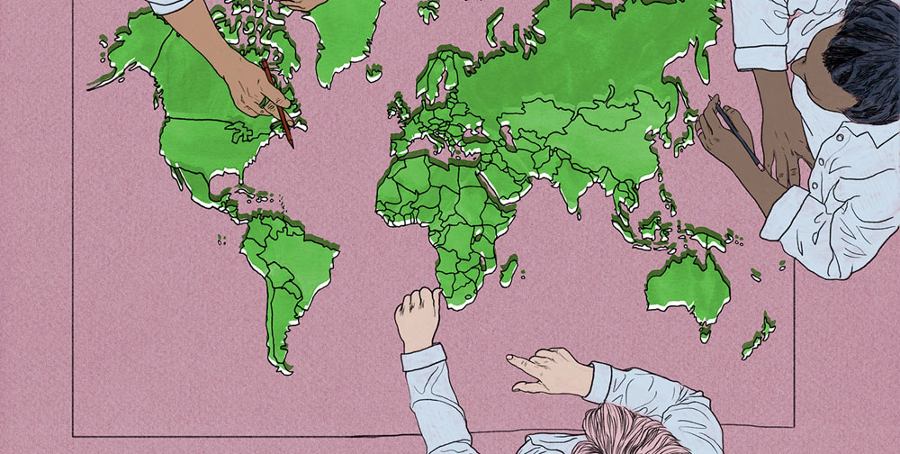 Illustration of people drawing map of the world