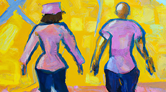 painting of two cancer survivors walking