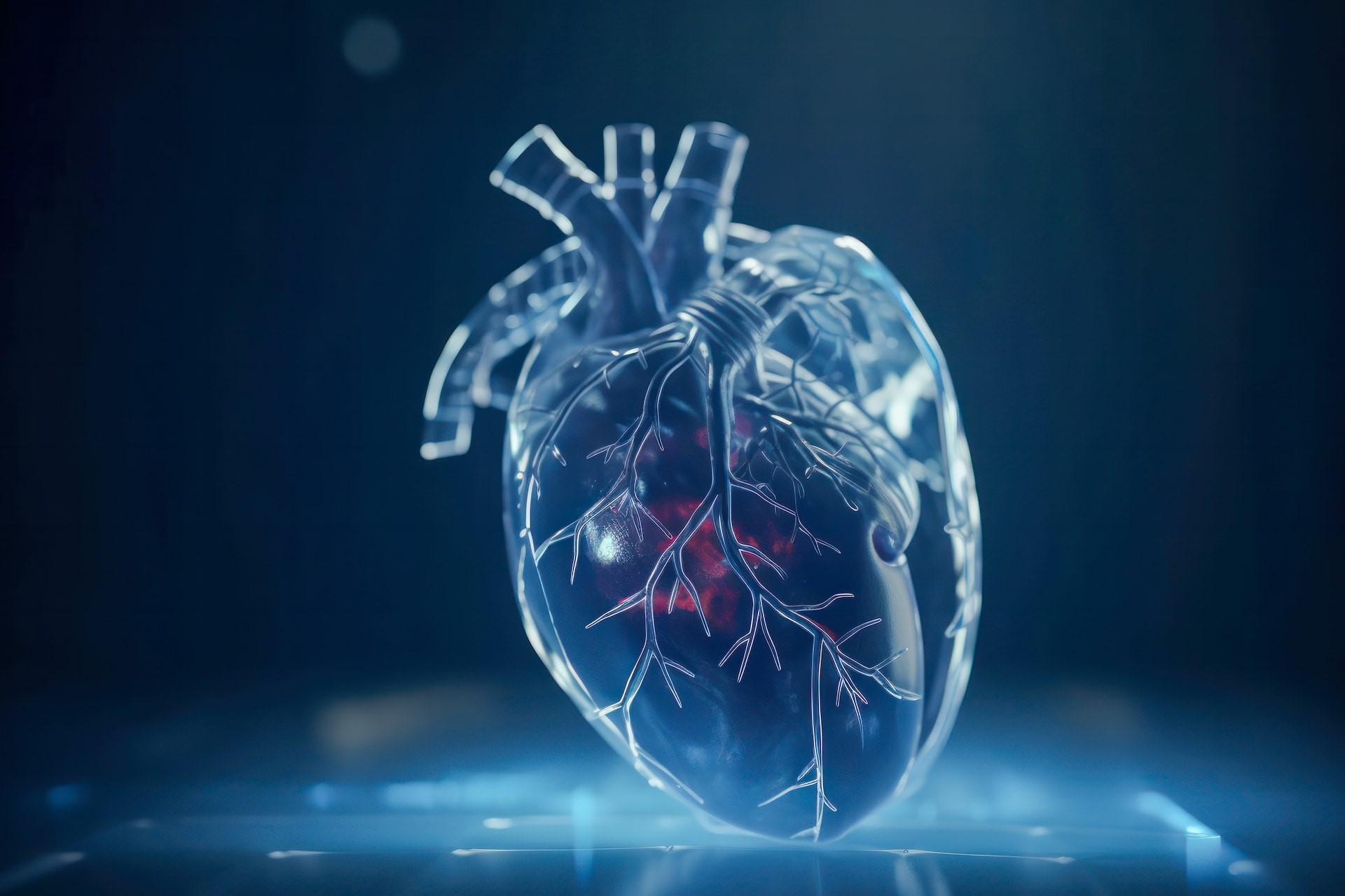Human heart model on a Dark Blue Bokeh Background, Depicting.