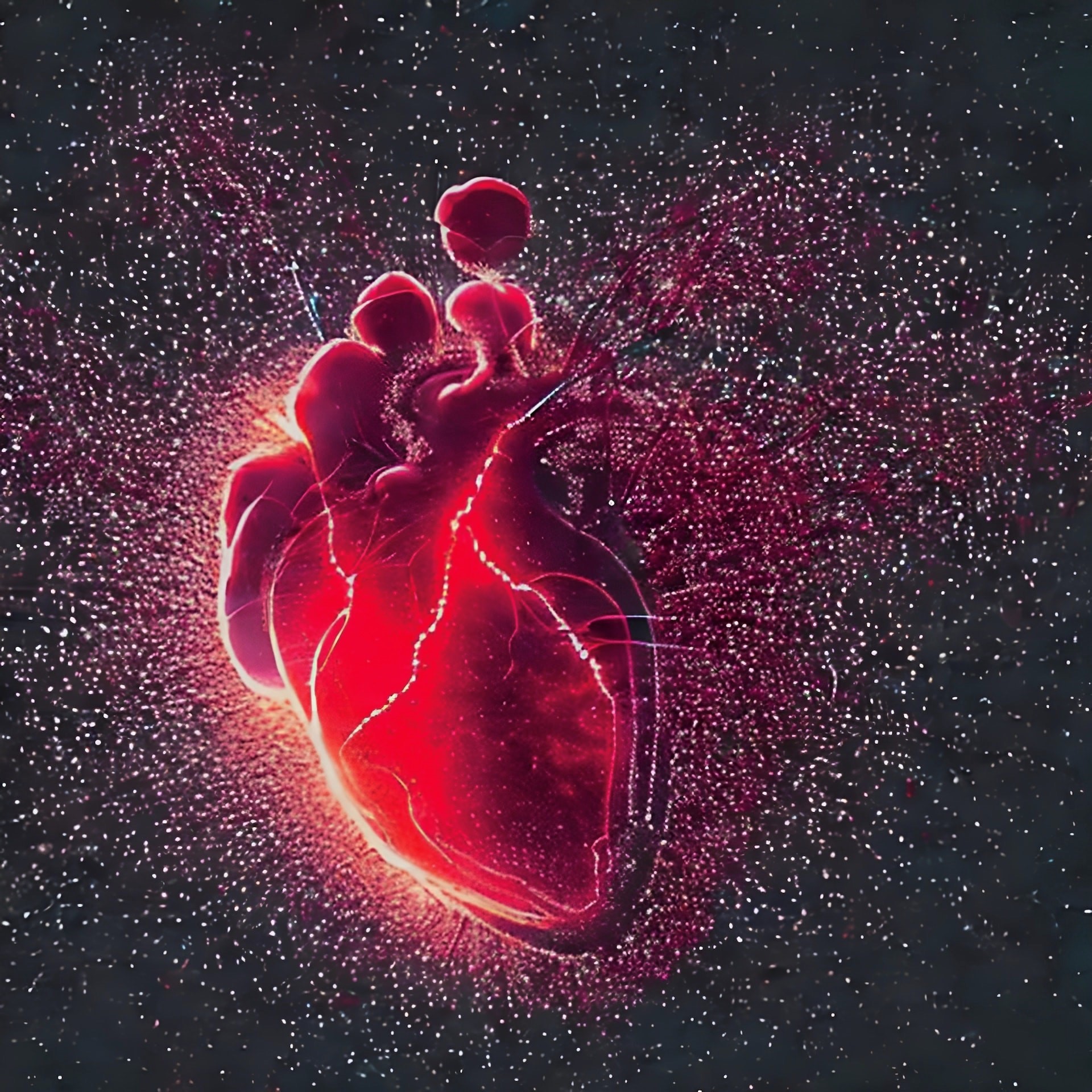 Levitating particles controlled by magnetic and acoustic fields join to form a human heart model.