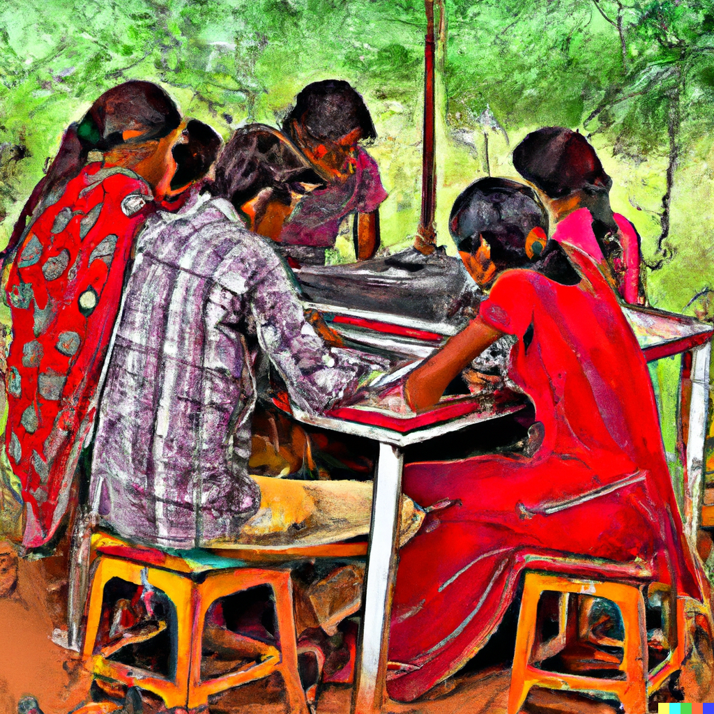 Impressionist painting of digital skilling for men and women in rural India