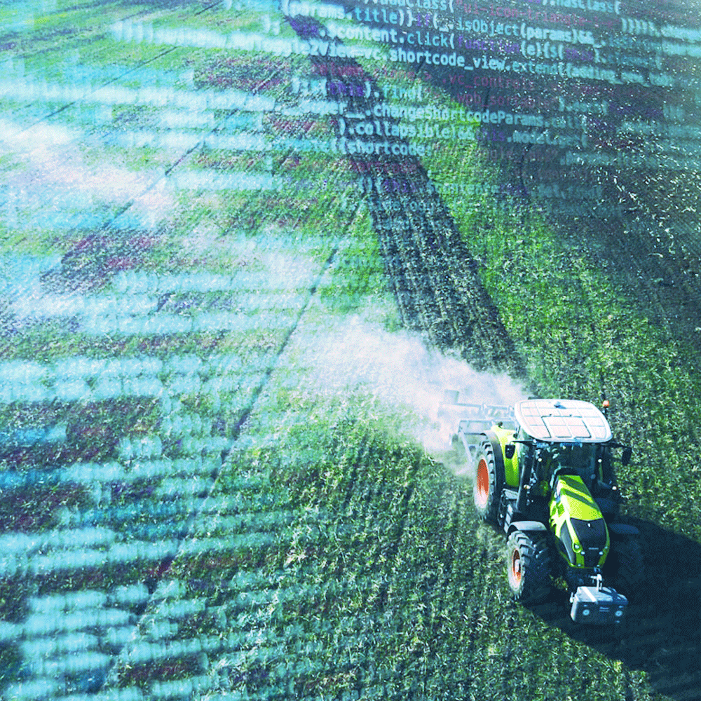 Tractor on the field overlayed with code