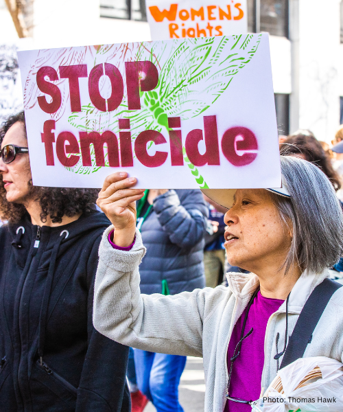 Woman holding a sign that says 'stop femicide'