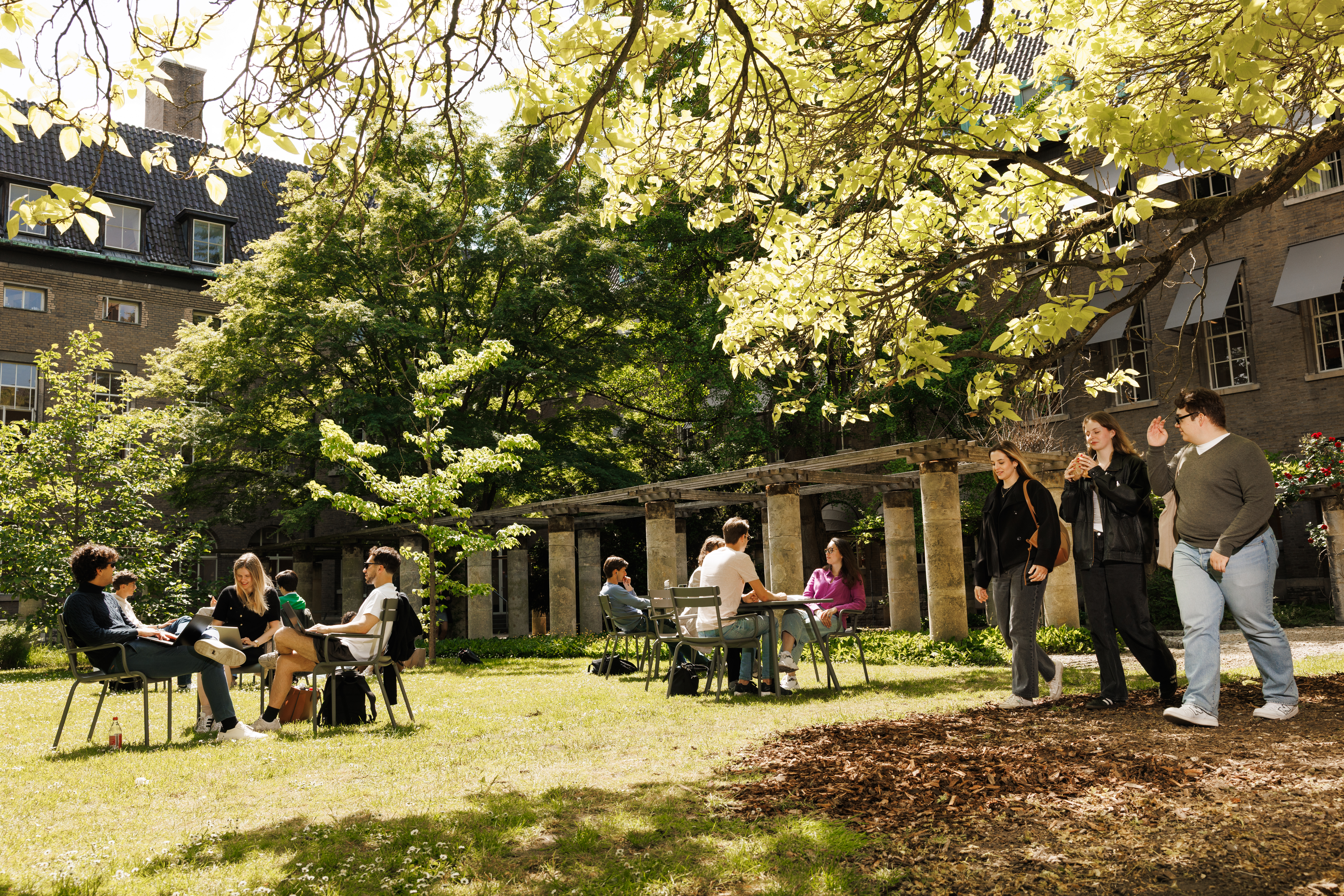 Students sitting and walking in the courtyard garden of the Faculty of Law in Maastricht on a sunny day, surrounded by greenery and historic buildings.