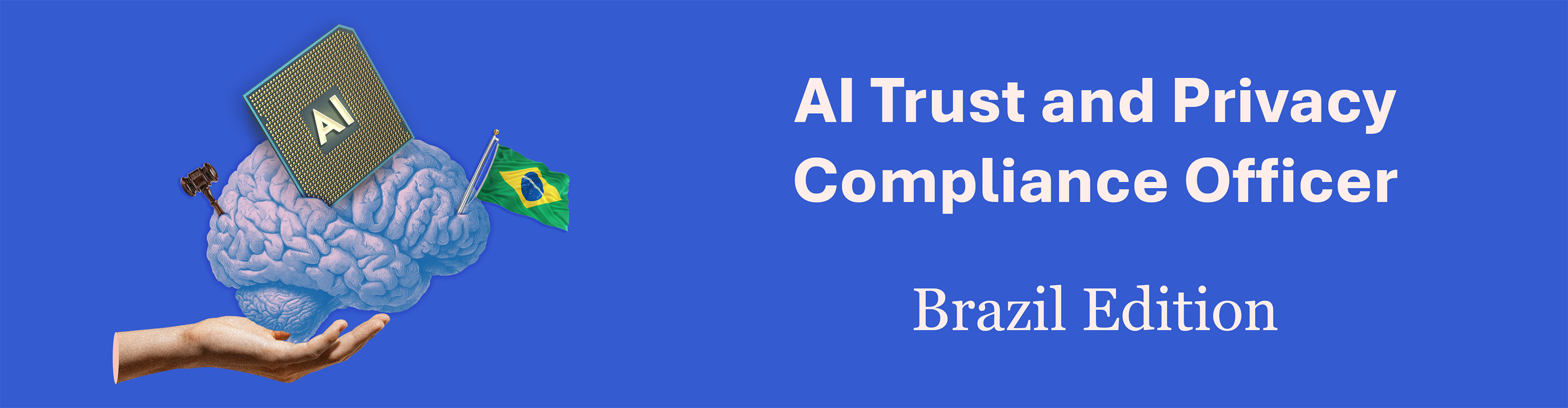 Collage of a hand, brain, ai chip, brazil flag and gavel