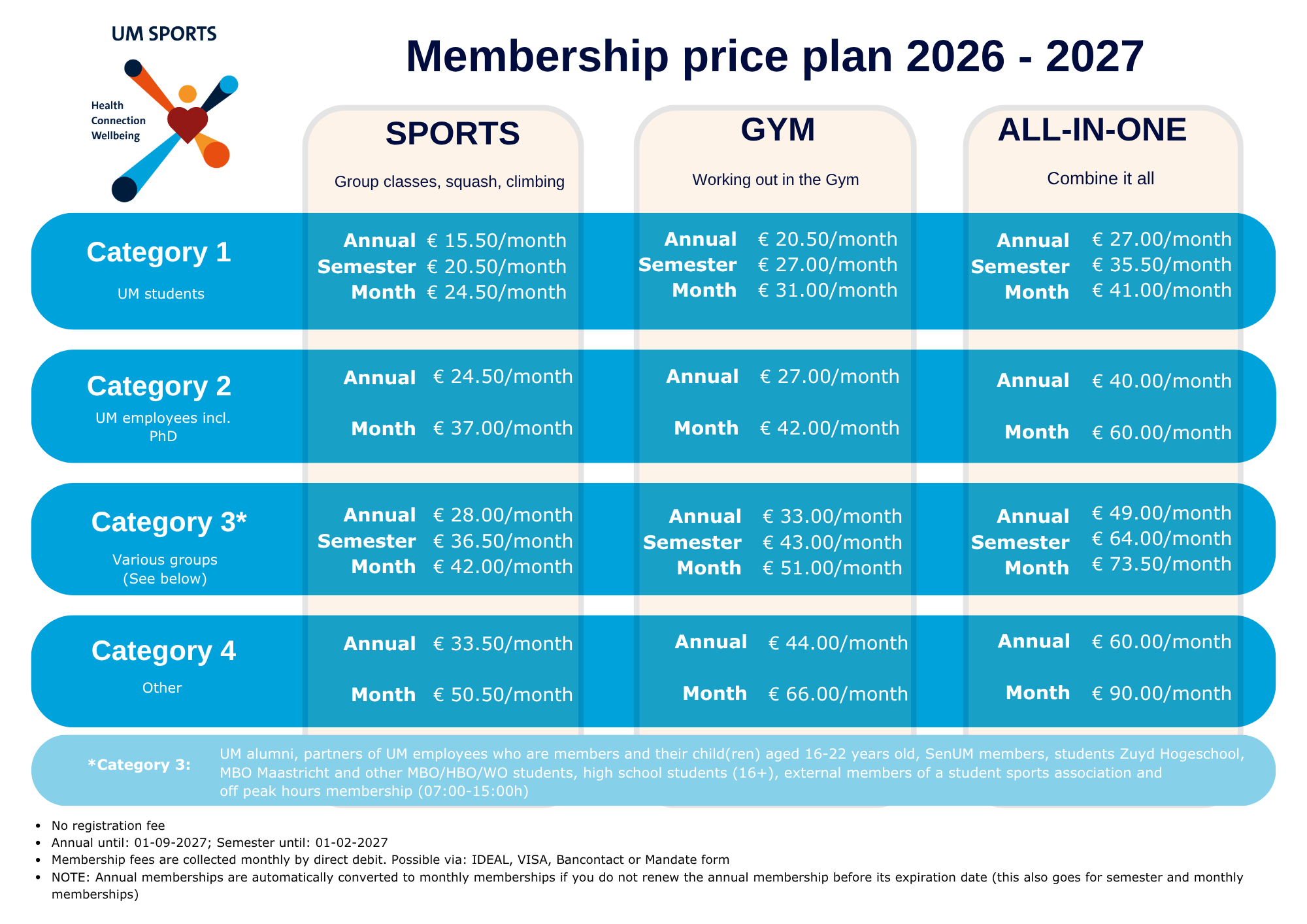 UM SPORTS MEMBERSHIPS PRICE LIST 2026-2027