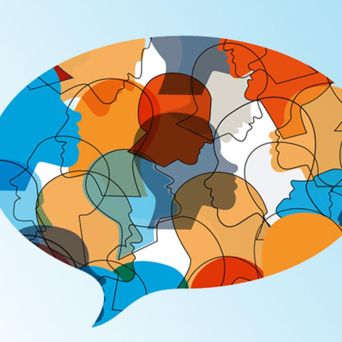 Colourful image of faces in a text balloon