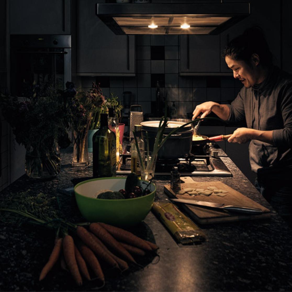 Mark Kawakami in his kitchen