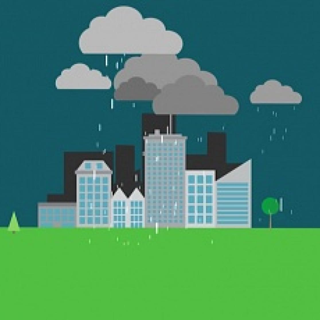 An image of a city where it's raining.