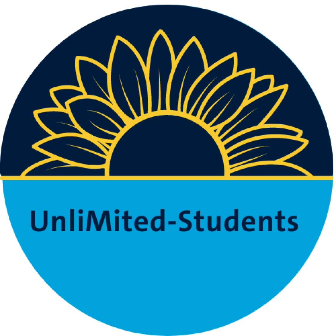 UnliMited-Students logo, yellow sunflower on a dark blue background