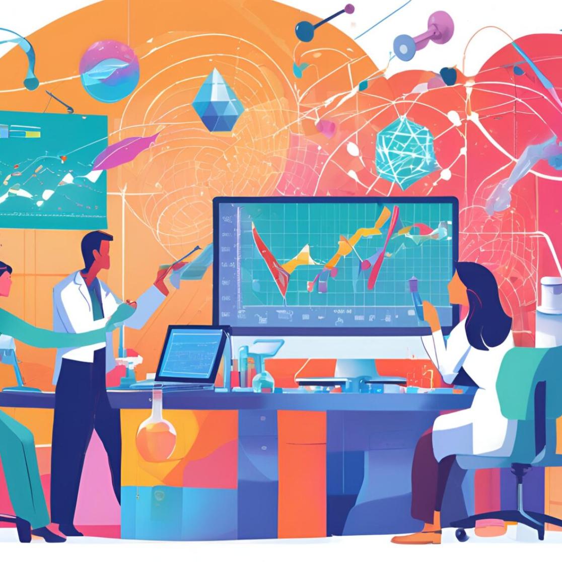 An illustration of a futuristic lab where scientists collaborate, surrounded by advanced equipment, graphs, and vibrant abstract designs. The scene conveys innovation and scientific discovery with a mix of digital and physical tools.