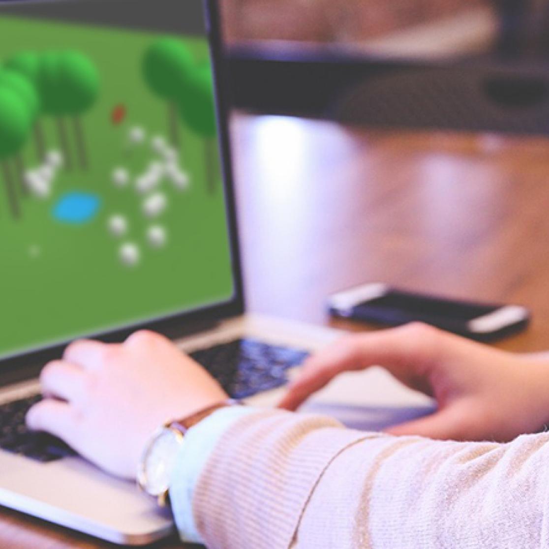Student playing golf game on laptop