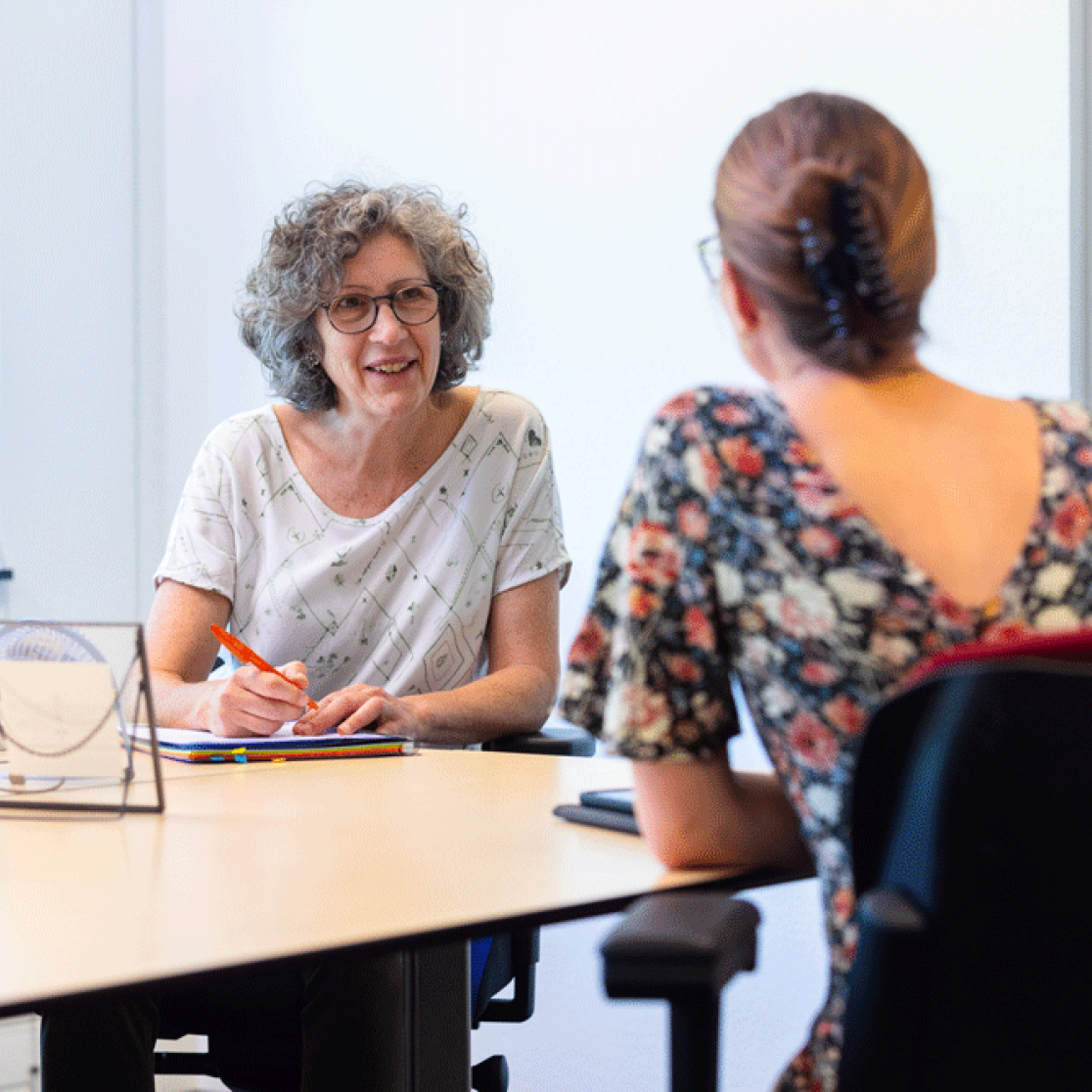 Academic advisor advising student at desk