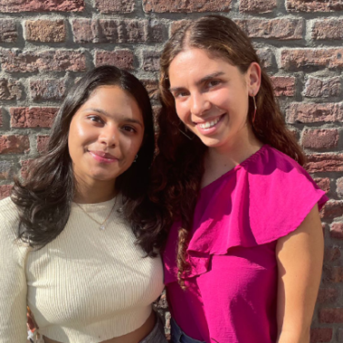 Two girls standing in front of a brick wall
