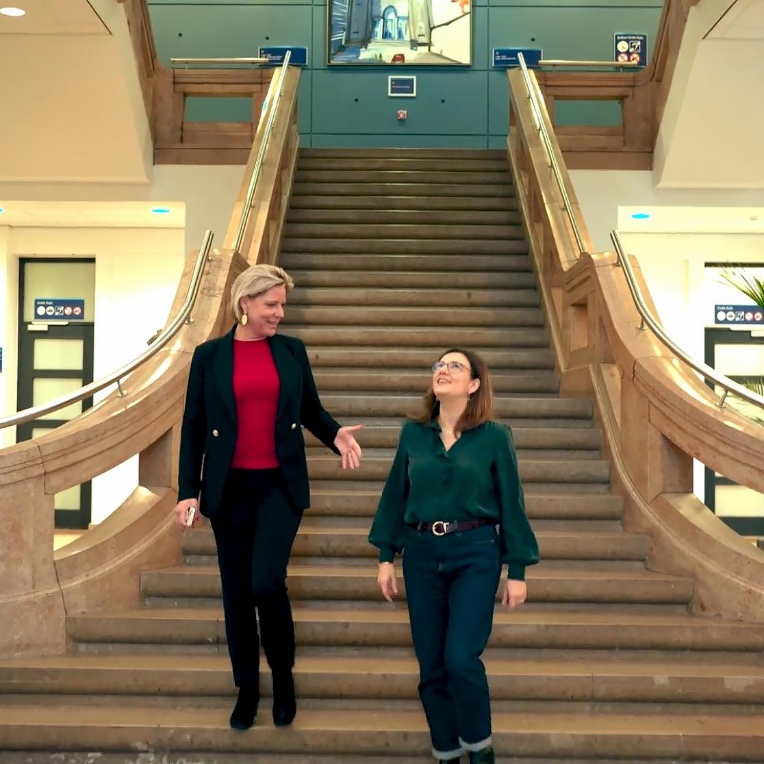 YERUN and Maastricht University - Rianne Letschert and Silvia Gomez on the stairs of UM's main building