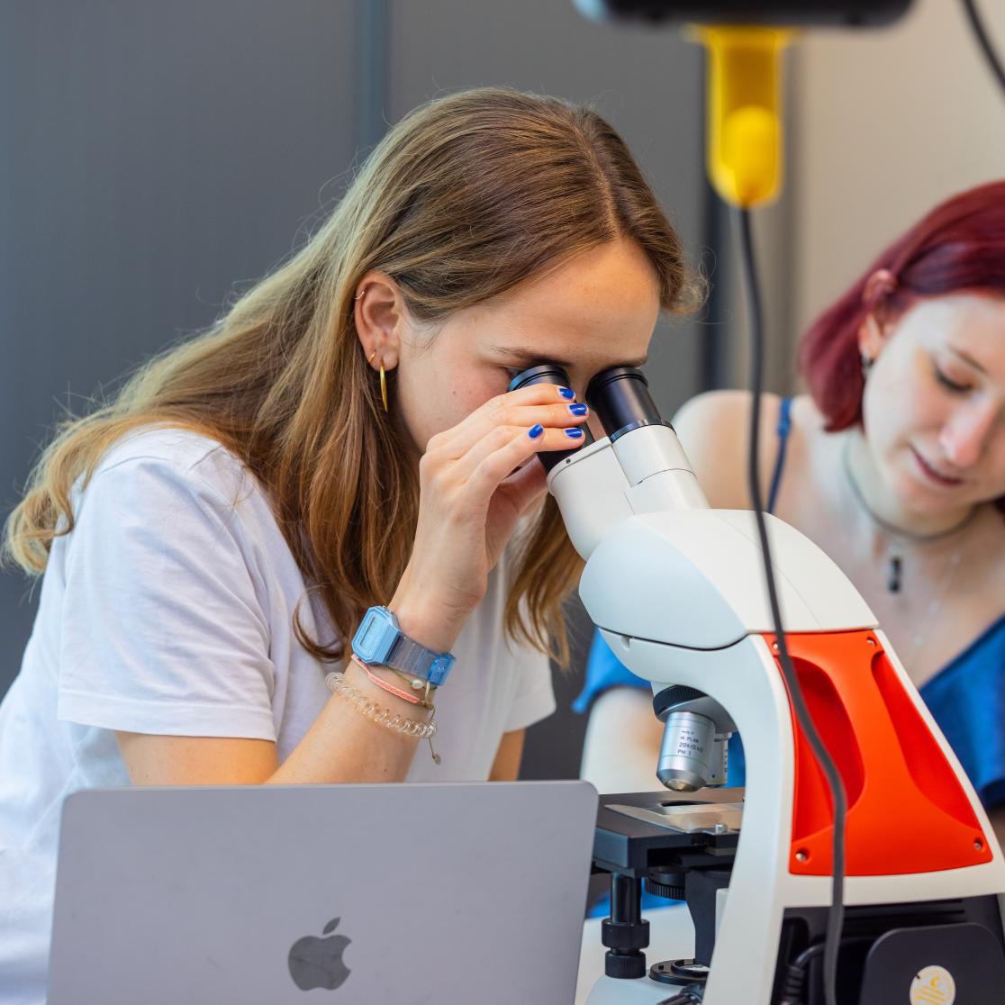 Girl looking through microscope