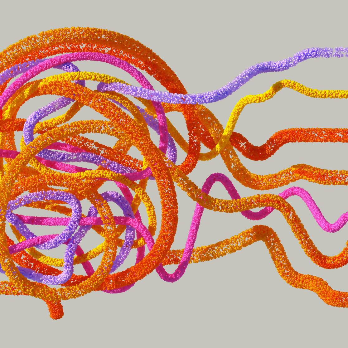 Coulorfull annimation showing how the complexity of AI is unraveled. Knotted lines in a humans head are unraveled