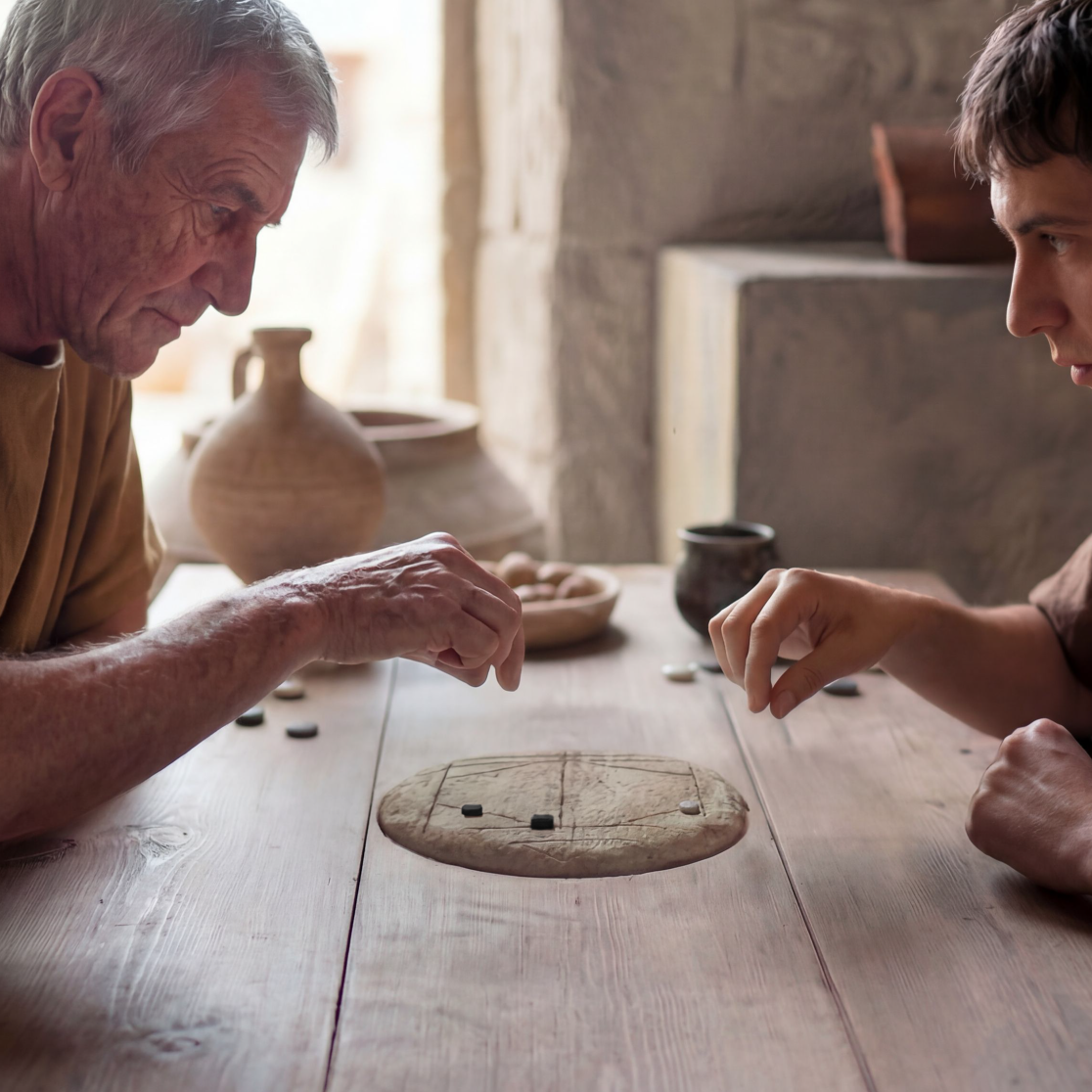 AI generated image of 2 Romans in a historically accurate setting  playing a game