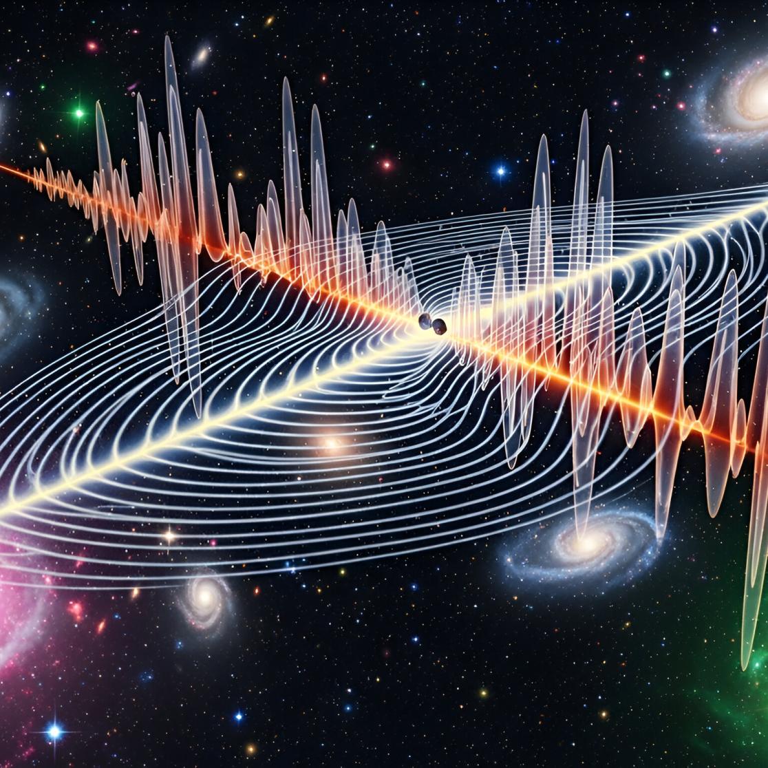 Een illustraties van signalen die tussen sterrenstelsels reizen