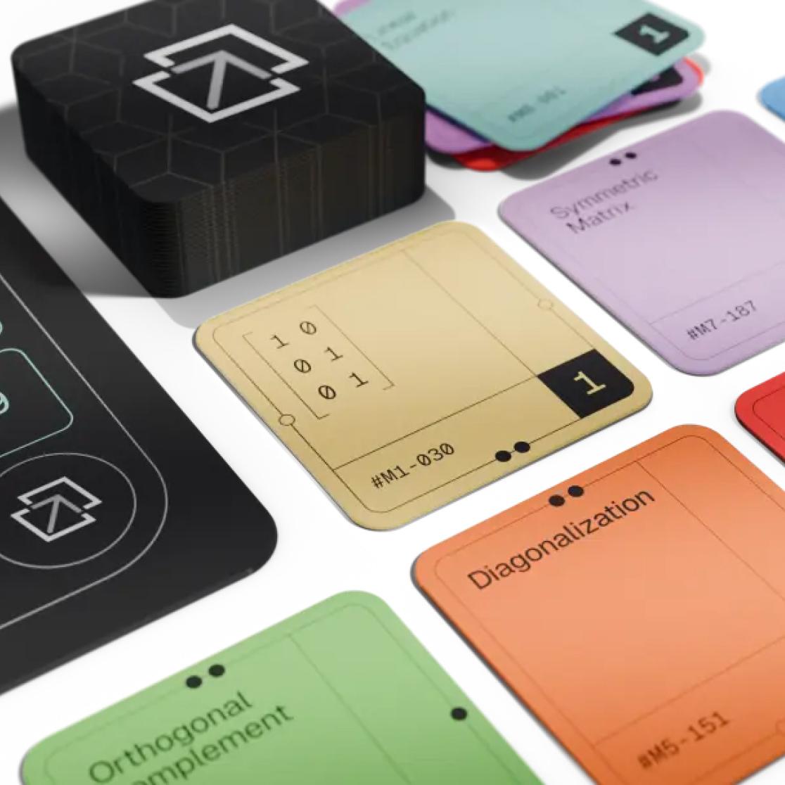 colorful game cards showing mathematical concepts