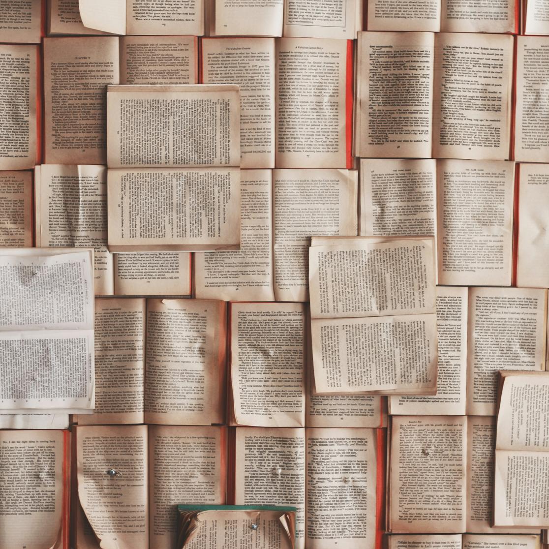 flat lay of diverse books laying open on a flat surface