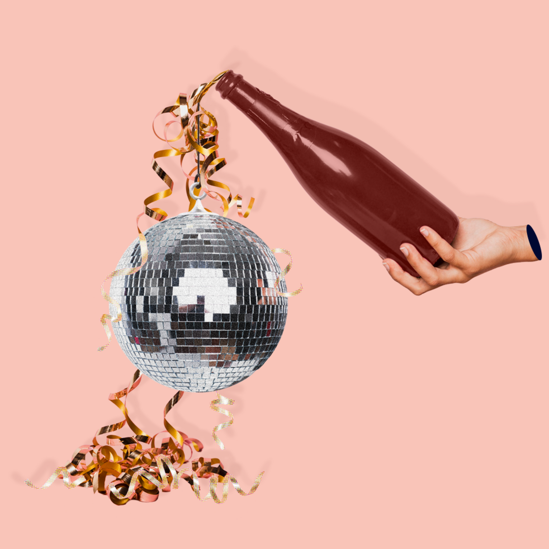 Collage of a bottle, with confetti and a disco ball spilling out