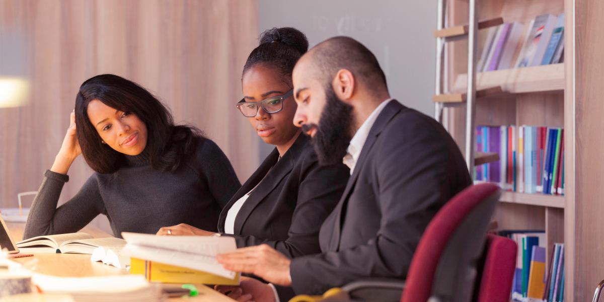 PBL: three colleagues looking into a book at a table
