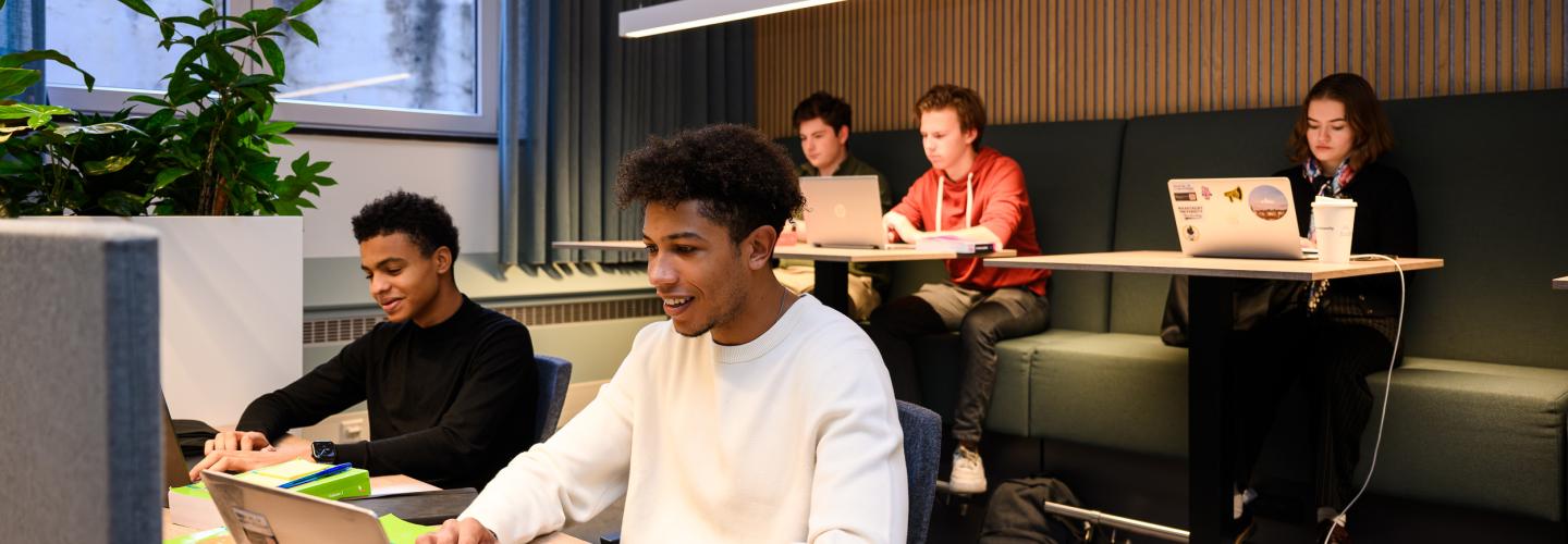 Studenten werken individueel en in stilte aan hun opdrachten in de learning space van de faculteit.