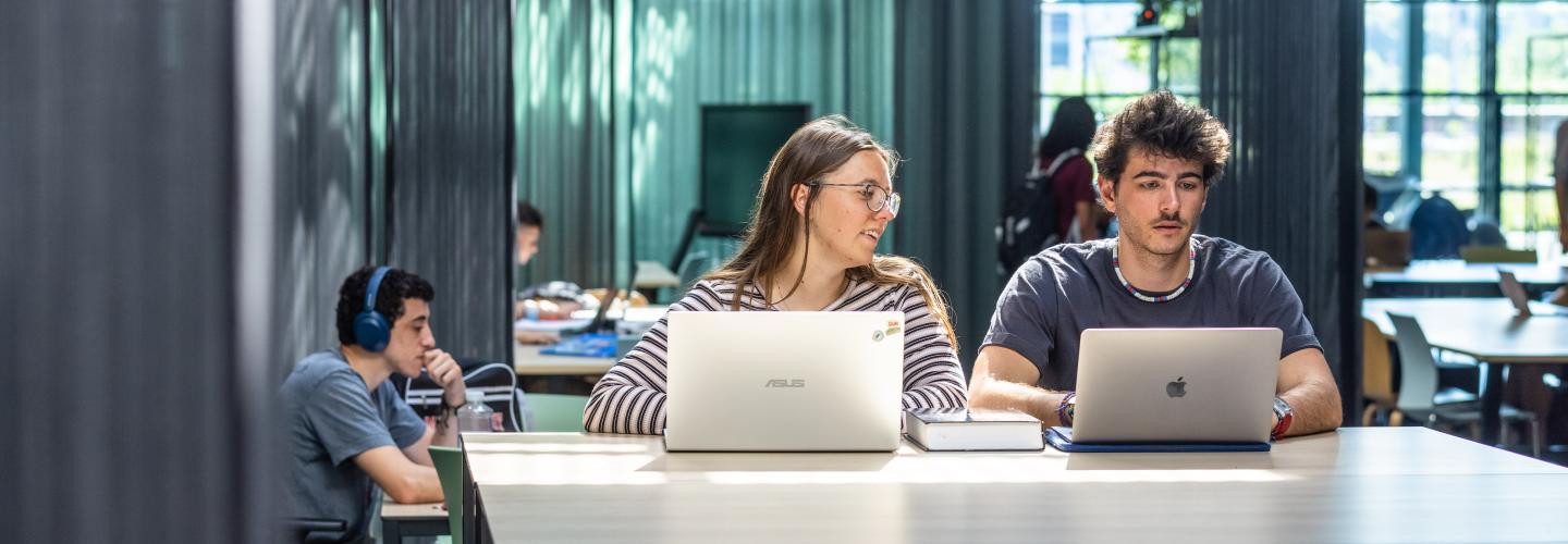 Two students working with their laptop in study space