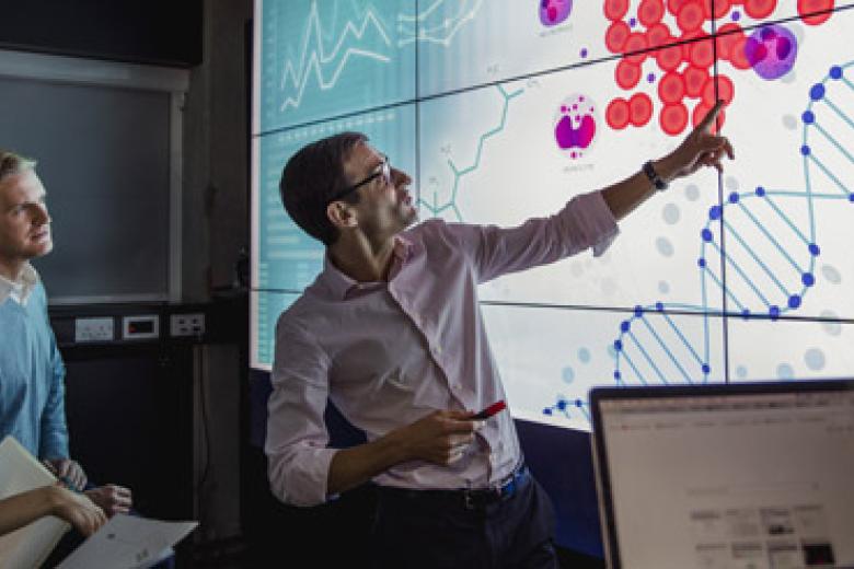 Researchers analyzing scientific data on a large screen