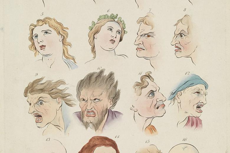 Image from Darwin's book Expression of the Emotions in Man and Animals. The image shows several illustrations of various emotions; from happy to angry. 