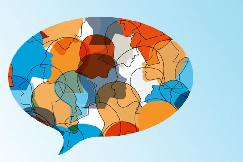 Colourful image of faces in a text balloon