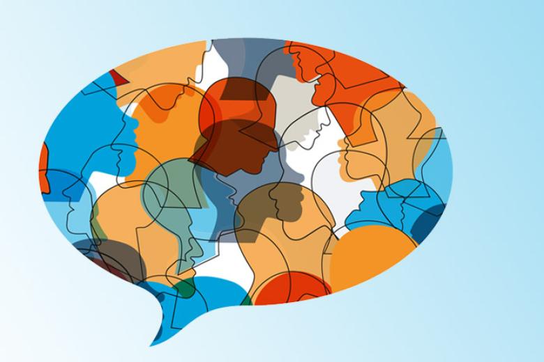 Colourful image of faces in a text balloon