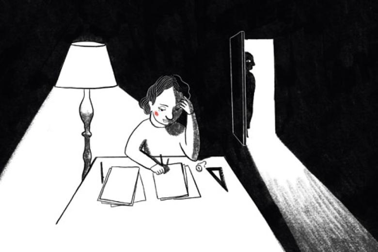 Illustration of woman reading and man entering the room