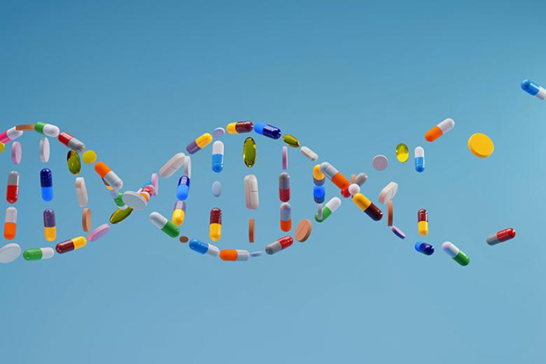 Pills layed out in the shape of a DNA spiral