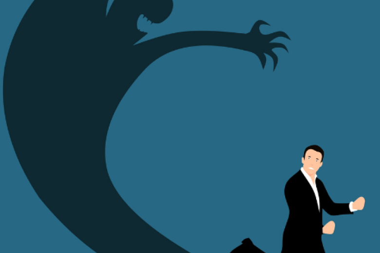 Cartoon of man running away from depression