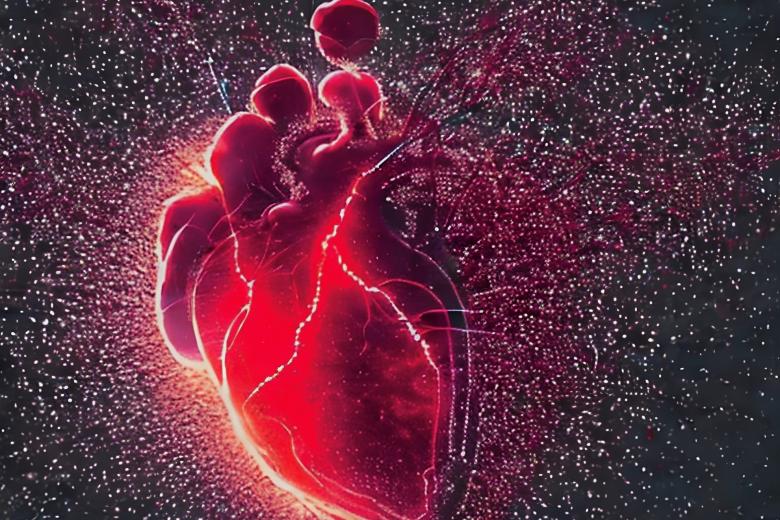 Levitating particles controlled by magnetic and acoustic fields join to form a human heart model.