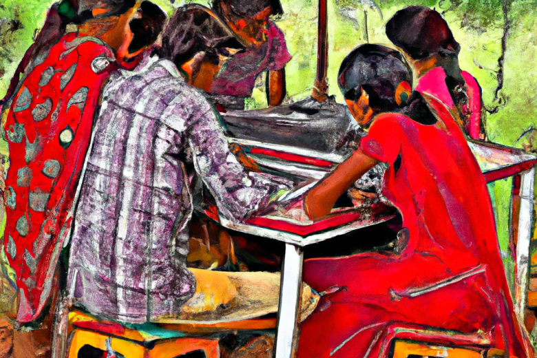 Impressionist painting of digital skilling for men and women in rural India