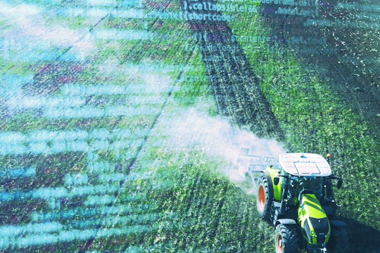 Tractor on the field overlayed with code