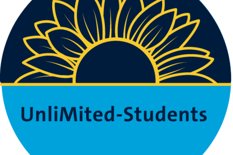 UnliMited-Students logo, yellow sunflower on a dark blue background