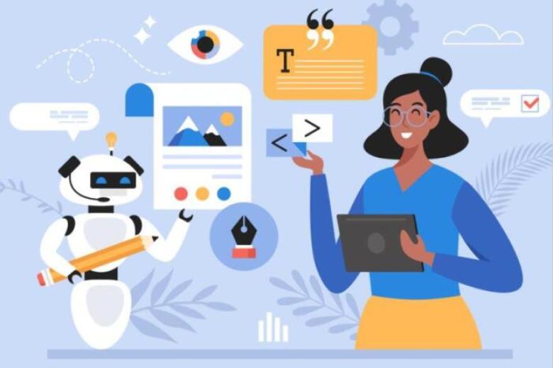 An illustration of a robot holding a pencil and a woman with a tablet collaborating in a tech-focused setting. They are surrounded by design and coding symbols, including gears, speech bubbles, a pen nib, and a cloud, against a light blue background.