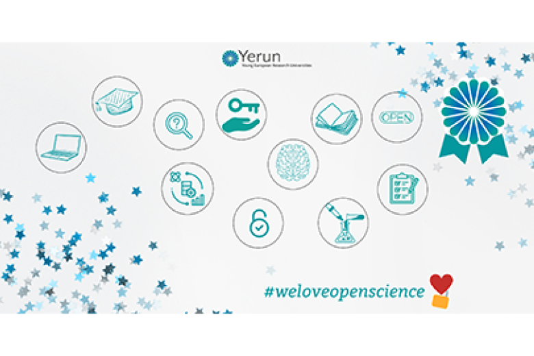 Promotional graphic for Yerun (Young European Research Universities) celebrating Open Science. It features the Yerun logo at the top and multiple circular icons representing themes of open science, such as a laptop, graduation cap, magnifying glass, key in a hand, open book, 'OPEN' text, brain, data charts, unlocked padlock, clipboard with a checklist, and a laboratory setup with a flask and pipette. A blue ribbon rosette is also displayed. The bottom includes blue star confetti and #weloveopenscience