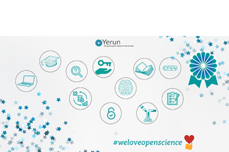 Promotional graphic for Yerun (Young European Research Universities) celebrating Open Science. It features the Yerun logo at the top and multiple circular icons representing themes of open science, such as a laptop, graduation cap, magnifying glass, key in a hand, open book, 'OPEN' text, brain, data charts, unlocked padlock, clipboard with a checklist, and a laboratory setup with a flask and pipette. A blue ribbon rosette is also displayed. The bottom includes blue star confetti and #weloveopenscience