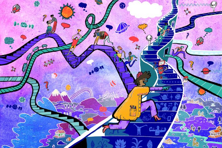 A vibrant digital illustration depicts people climbing winding staircases in a surreal landscape, symbolizing exploration and learning. A figure in a yellow coat with VR goggles leads forward, while others engage with technology, science, and teamwork. Floating symbols, robots, and futuristic elements highlight themes of curiosity, innovation, and the nonlinear journey of discovery.