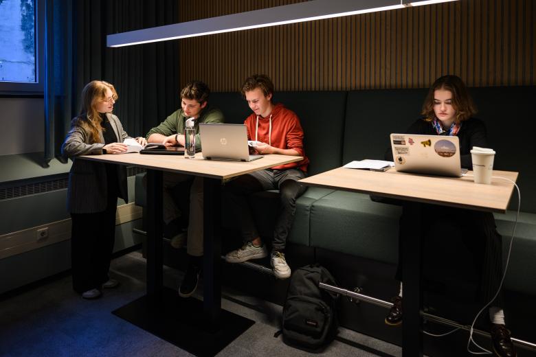 A student explains something to two peers, while another student is working with focus in the faculty’s learning space.